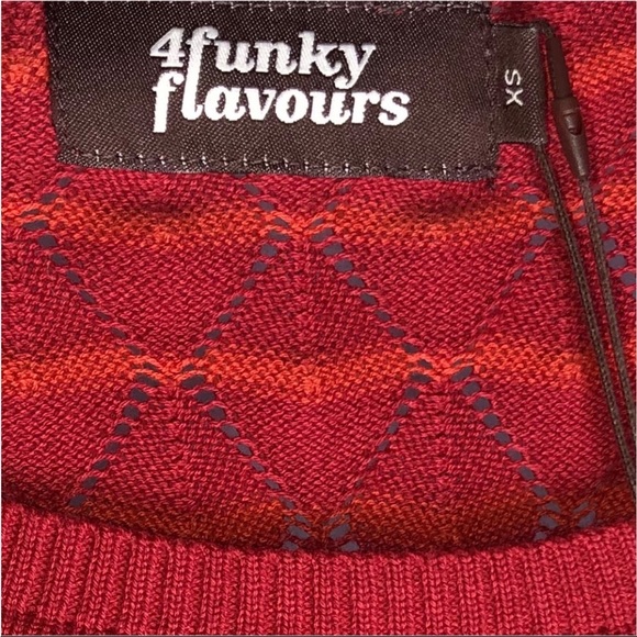 4 Funky Flavours Red & Orange Stripes Scoop Neck Open Knit Diamond Sweater SzXS - Picture 15 of 16